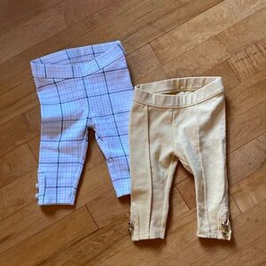 Janie and jack 2 pairs of Ponte knit leggings yellow and pastel plaid 3-6mo